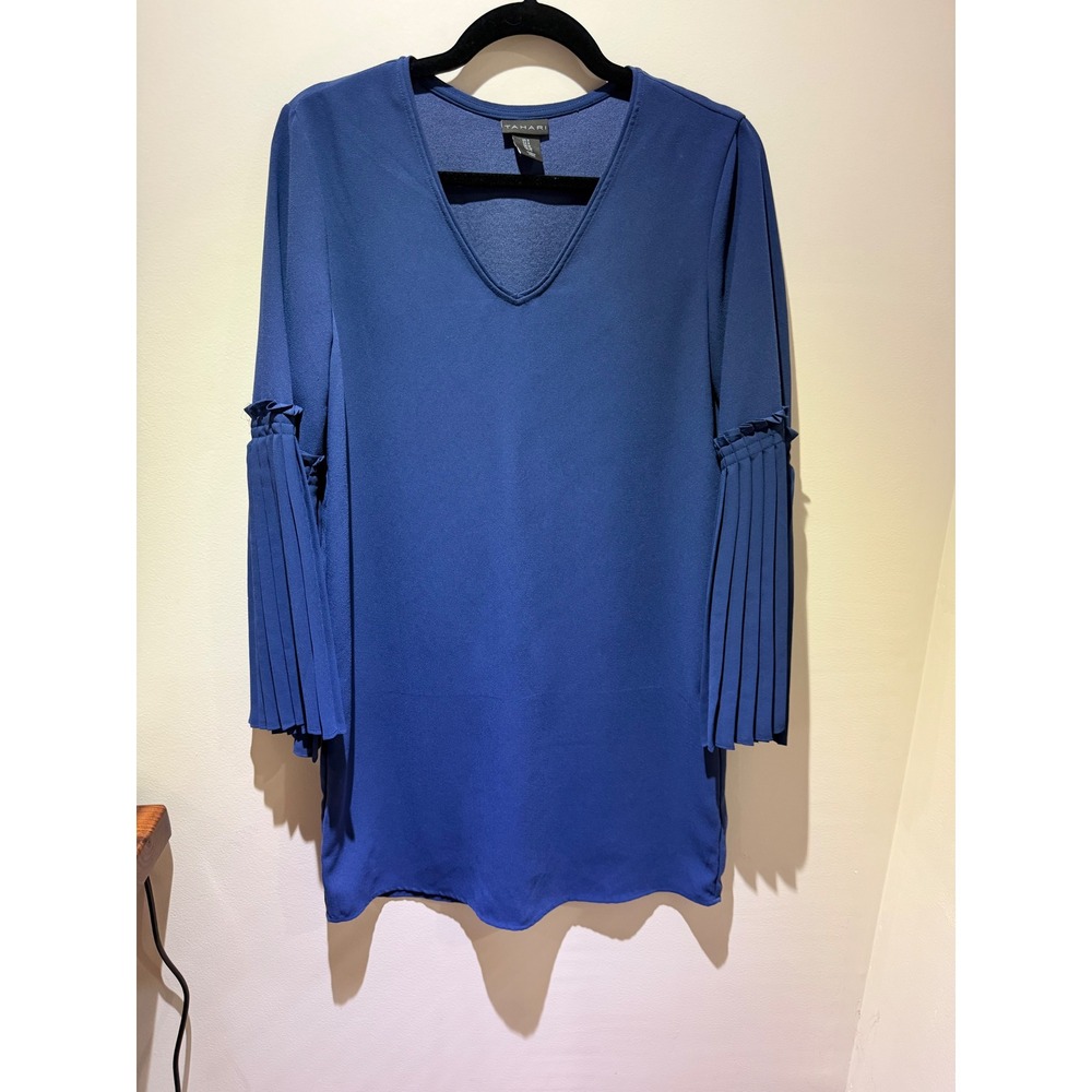 Tahari Blue V-Neck Pleated Bell Sleeve Shift Dress Size 8